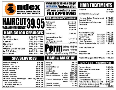 index salon price list 2023 philippines